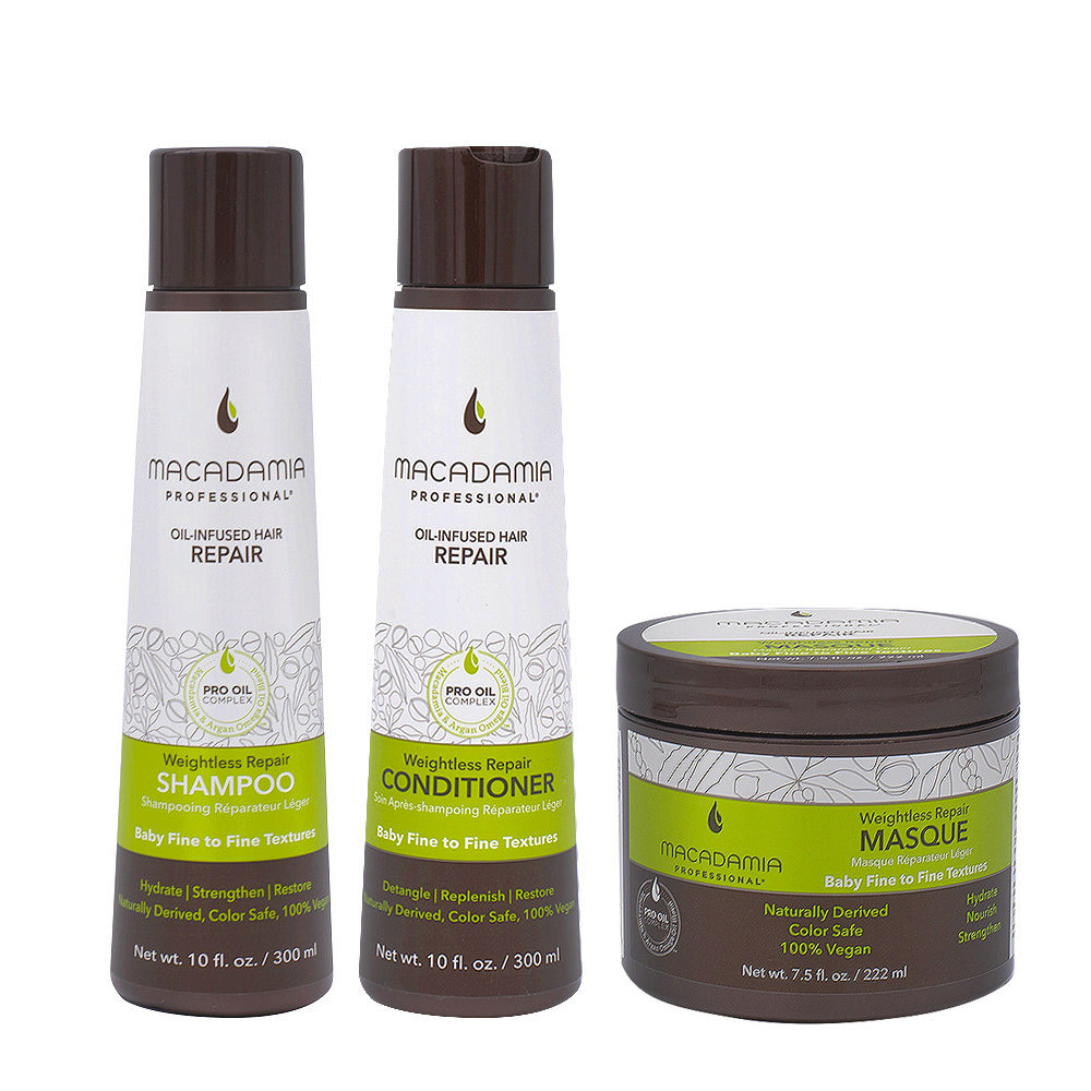 Macadamia Set Shampooing et Après-shampooing 300ml Cheveux abîmés et fins  Masque 222ml | Hair Gallery