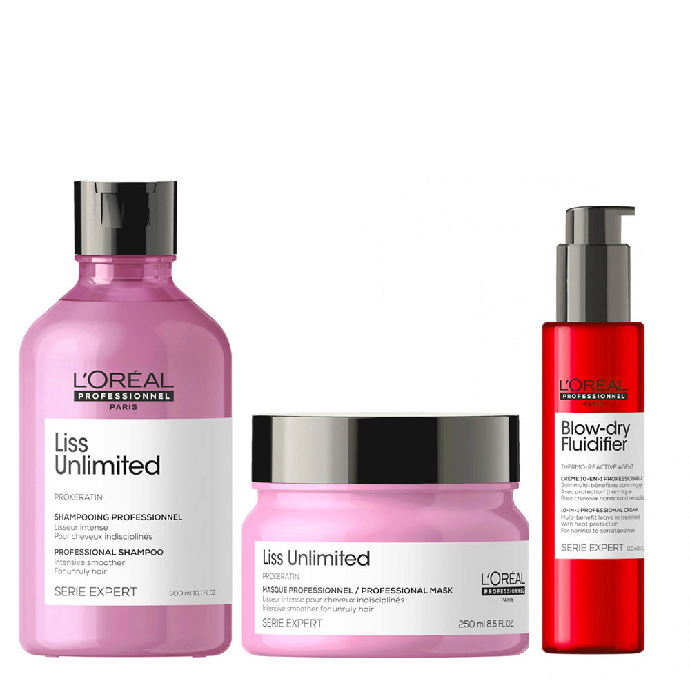 L'Oréal Professionnel Paris Serie Expert Liss Unlimited Shampoo 300ml Mask  250ml Blow Dry Fluidifier Leave In 150ml | Hair Gallery