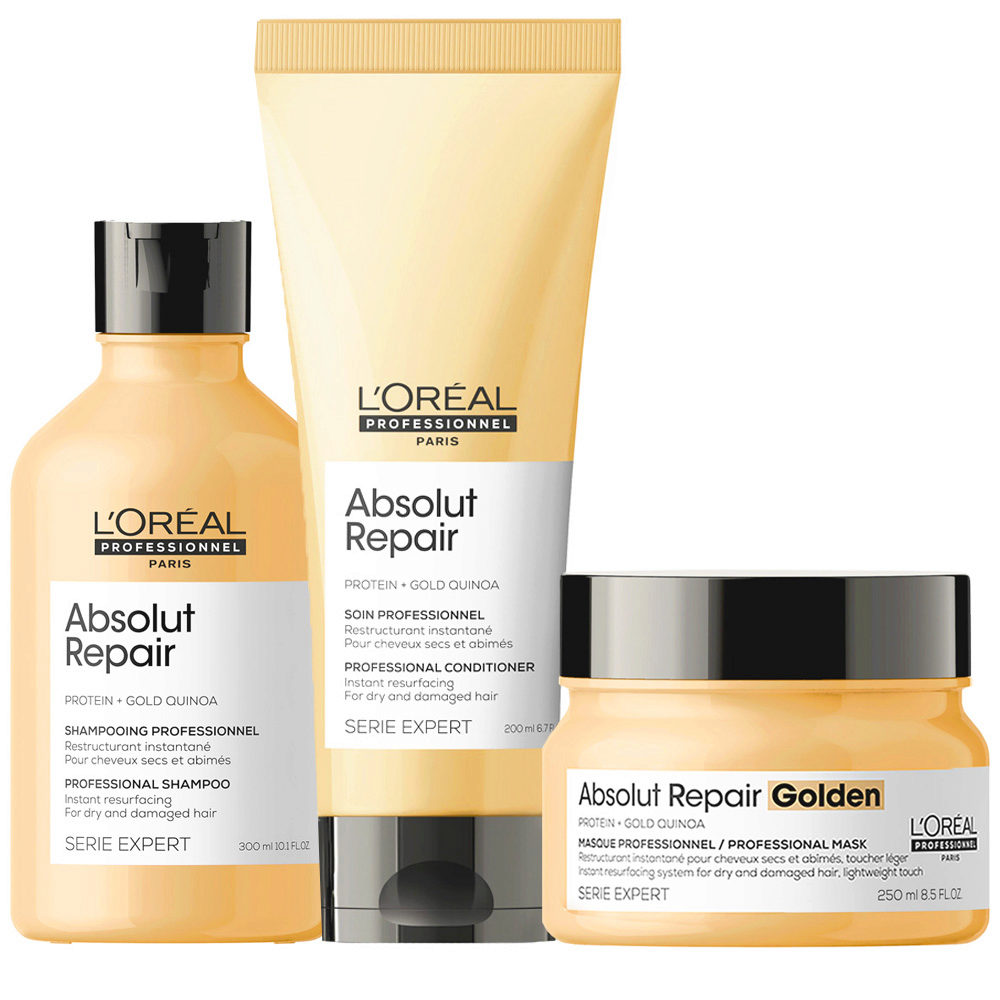 L'Oréal Professionnel Absolut Repair Kit Shampoo 300ml Conditioner 200ml  Golden Masque 250ml - Cheveux Abîmés | Hair Gallery