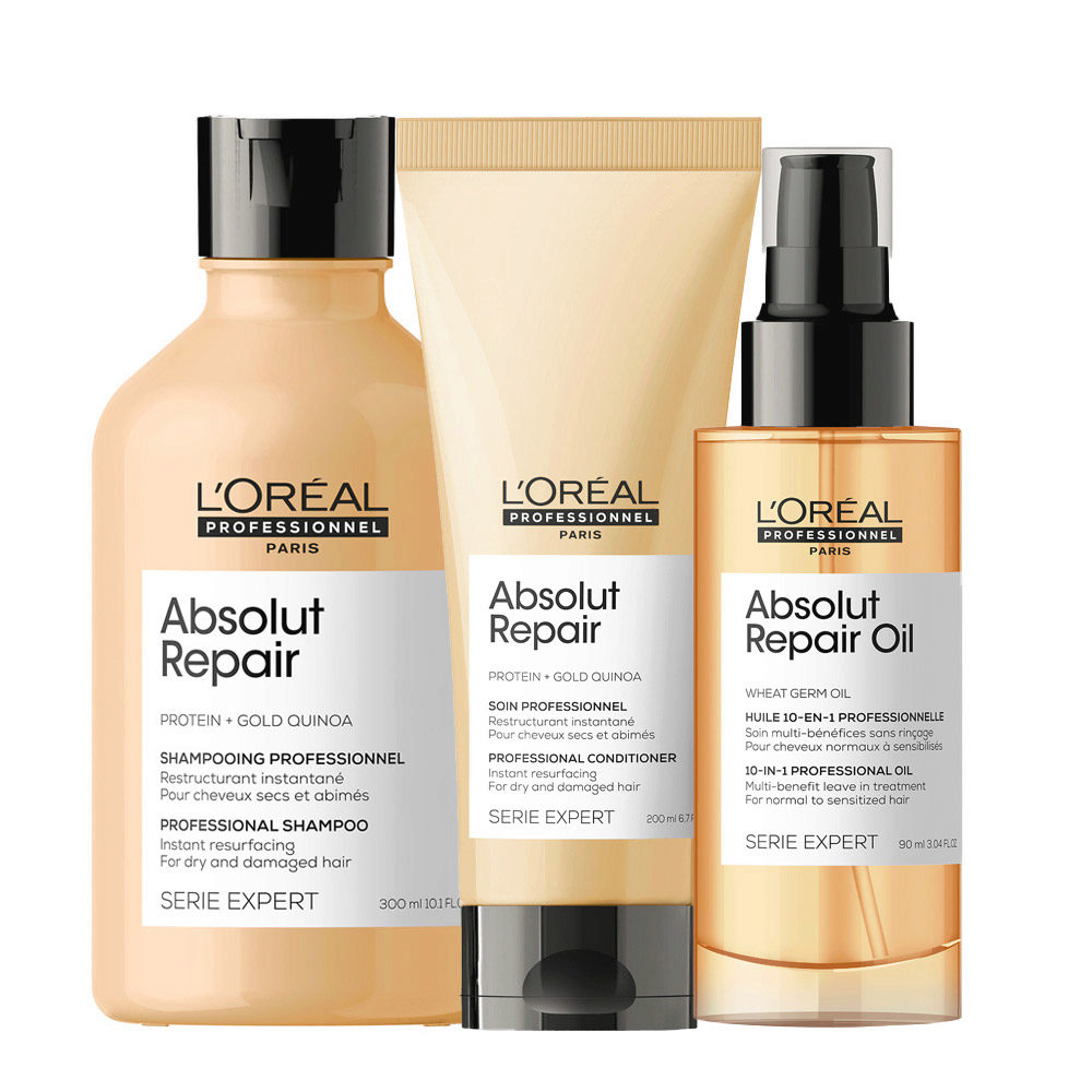 L'Oréal Professionnel Absolut Repair Kit Shampoo 300ml Conditioner 200ml  Repair Olio 10in1 90ml - Cheveux Abîmés | Hair Gallery